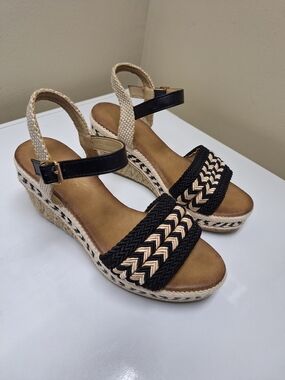 Woven Black and Tan Espadrille Wedge Sandals
